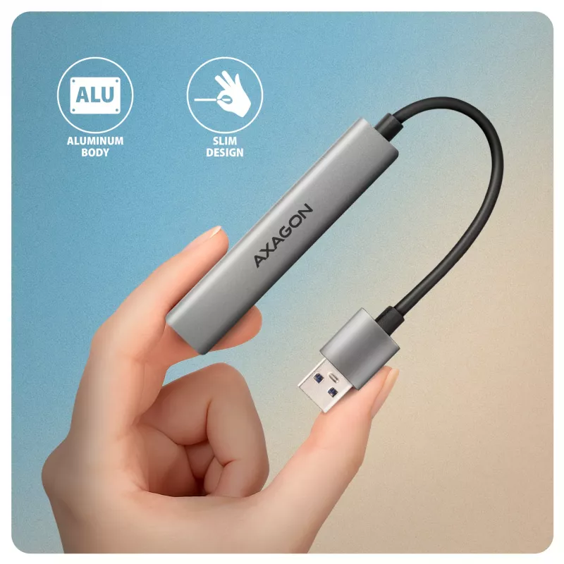 USB šakotuvas AXAGON HUE-STA — aliuminė juostelė su 4 prievadais, 1× USB-A 5Gbps + 2× USB-A ir 1× USB-C 480Mbps, USB-A pagrindinis, pilka