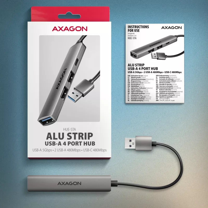USB šakotuvas AXAGON HUE-STA — aliuminė juostelė su 4 prievadais, 1× USB-A 5Gbps + 2× USB-A ir 1× USB-C 480Mbps, USB-A pagrindinis, pilka