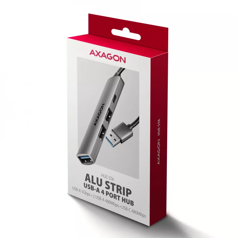USB šakotuvas AXAGON HUE-STA — aliuminė juostelė su 4 prievadais, 1× USB-A 5Gbps + 2× USB-A ir 1× USB-C 480Mbps, USB-A pagrindinis, pilka