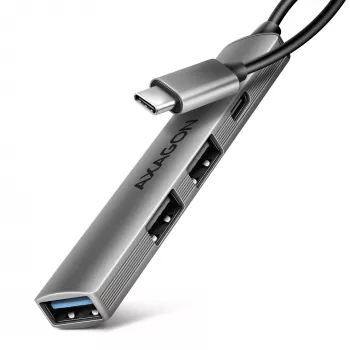 USB šakotuvas AXAGON HUE-STC, 4 prievadų aliuminė juostelė, 1x USB-A 5Gbps + 2x USB-A ir 1x USB-C 480Mbps, USB-C pagrindinis, 12 cm kabelis, pilka