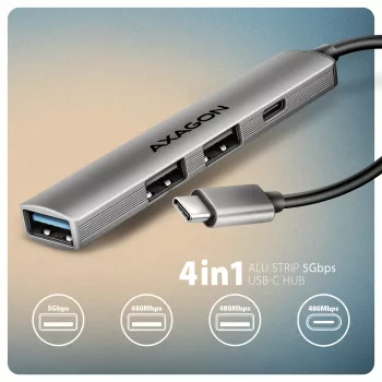 USB šakotuvas AXAGON HUE-STC, 4 prievadų aliuminė juostelė, 1x USB-A 5Gbps + 2x USB-A ir 1x USB-C 480Mbps, USB-C pagrindinis, 12 cm kabelis, pilka