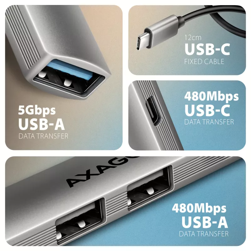 USB šakotuvas AXAGON HUE-STC, 4 prievadų aliuminė juostelė, 1x USB-A 5Gbps + 2x USB-A ir 1x USB-C 480Mbps, USB-C pagrindinis, 12 cm kabelis, pilka