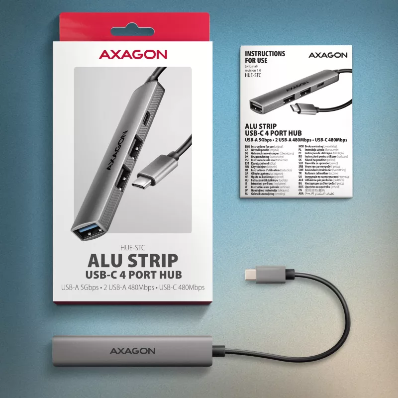 USB šakotuvas AXAGON HUE-STC, 4 prievadų aliuminė juostelė, 1x USB-A 5Gbps + 2x USB-A ir 1x USB-C 480Mbps, USB-C pagrindinis, 12 cm kabelis, pilka