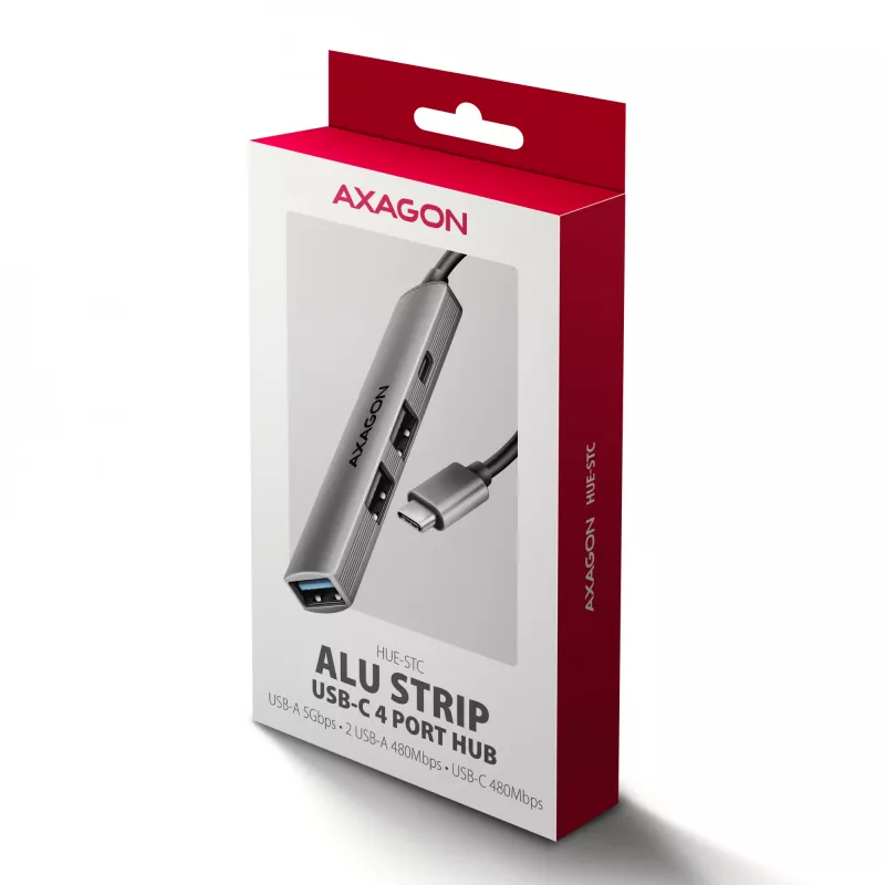 USB šakotuvas AXAGON HUE-STC, 4 prievadų aliuminė juostelė, 1x USB-A 5Gbps + 2x USB-A ir 1x USB-C 480Mbps, USB-C pagrindinis, 12 cm kabelis, pilka