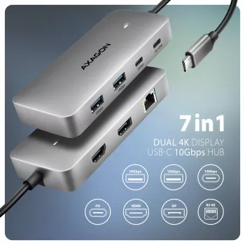 Axagon HMC-CUB83X2 USB 10Gbps 7in1 stotelė, 2x USB-A, USB-C, HDMI & DP 4K/144Hz, RJ-45, PD 100W