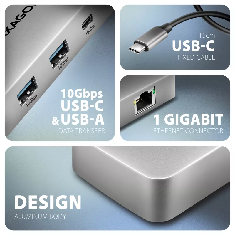 Axagon HMC-CUB83X2 USB 10Gbps 7in1 stotelė, 2x USB-A, USB-C, HDMI & DP 4K/144Hz, RJ-45, PD 100W