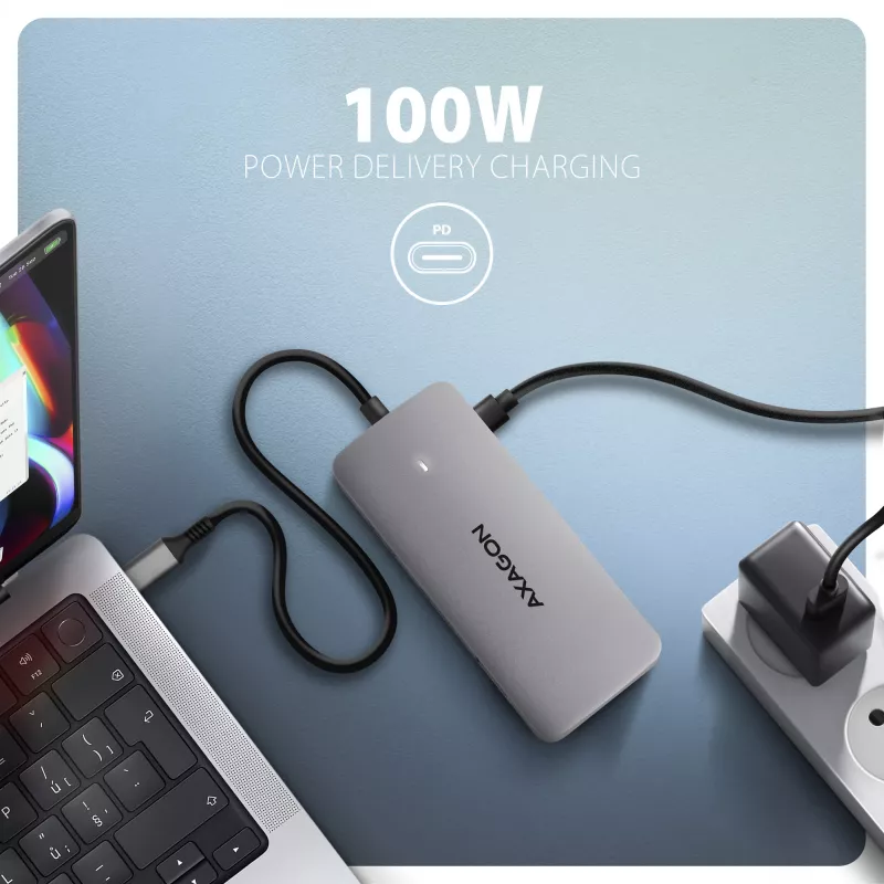 Axagon HMC-CUB83X2 USB 10Gbps 7in1 stotelė, 2x USB-A, USB-C, HDMI & DP 4K/144Hz, RJ-45, PD 100W