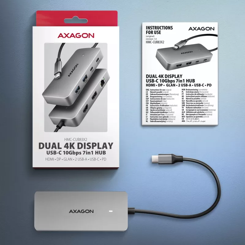 Axagon HMC-CUB83X2 USB 10Gbps 7in1 stotelė, 2x USB-A, USB-C, HDMI & DP 4K/144Hz, RJ-45, PD 100W