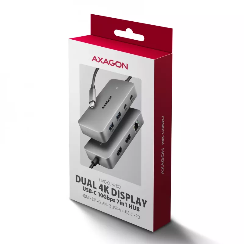 Axagon HMC-CUB83X2 USB 10Gbps 7in1 stotelė, 2x USB-A, USB-C, HDMI & DP 4K/144Hz, RJ-45, PD 100W