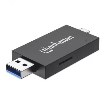 Manhattan USB-A / USB-C kombinuotas kelių kortelių skaitytuvas/rašytuvas, 5 Gbps (USB 3.2 Gen1), vyriškas USB-A ir USB-C, lizdai microSD ir SD/MMC, mini formatas, SuperSpeed USB, juodas/skaidrus, trejų metų garantija