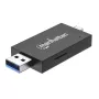 Manhattan USB-A / USB-C kombinuotas kelių kortelių skaitytuvas/rašytuvas, 5 Gbps (USB 3.2 Gen1), vyriškas USB-A ir USB-C, lizdai microSD ir SD/MMC, mini formatas, SuperSpeed USB, juodas/skaidrus, trejų metų garantija