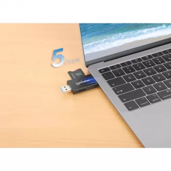 Manhattan USB-A / USB-C kombinuotas kelių kortelių skaitytuvas/rašytuvas, 5 Gbps (USB 3.2 Gen1), vyriškas USB-A ir USB-C, lizdai microSD ir SD/MMC, mini formatas, SuperSpeed USB, juodas/skaidrus, trejų metų garantija
