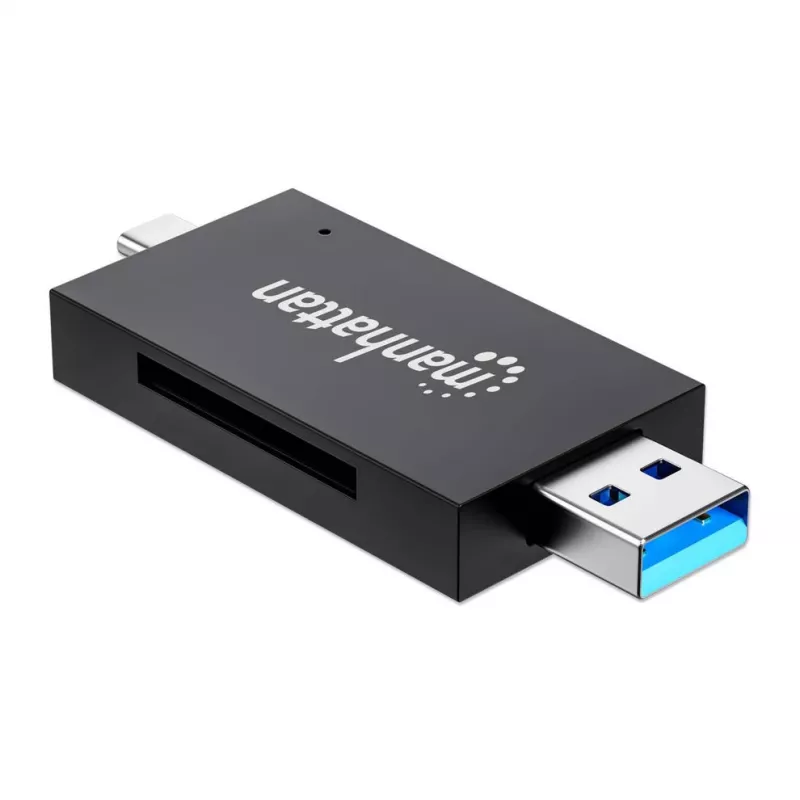 Manhattan USB-A / USB-C kombinuotas kelių kortelių skaitytuvas/rašytuvas, 5 Gbps (USB 3.2 Gen1), vyriškas USB-A ir USB-C, lizdai microSD ir SD/MMC, mini formatas, SuperSpeed USB, juodas/skaidrus, trejų metų garantija