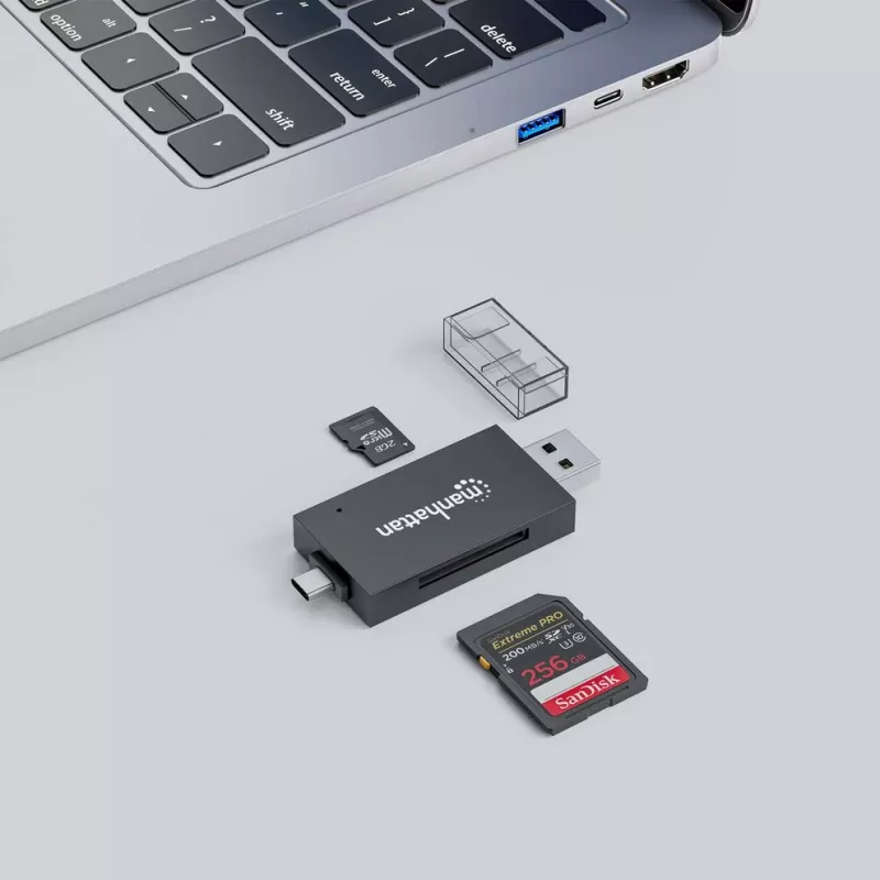 Manhattan USB-A / USB-C kombinuotas kelių kortelių skaitytuvas/rašytuvas, 5 Gbps (USB 3.2 Gen1), vyriškas USB-A ir USB-C, lizdai microSD ir SD/MMC, mini formatas, SuperSpeed USB, juodas/skaidrus, trejų metų garantija