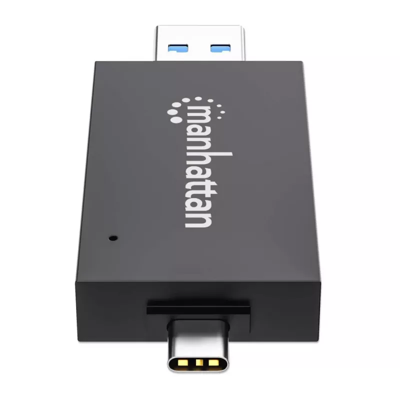 Manhattan USB-A / USB-C kombinuotas kelių kortelių skaitytuvas/rašytuvas, 5 Gbps (USB 3.2 Gen1), vyriškas USB-A ir USB-C, lizdai microSD ir SD/MMC, mini formatas, SuperSpeed USB, juodas/skaidrus, trejų metų garantija
