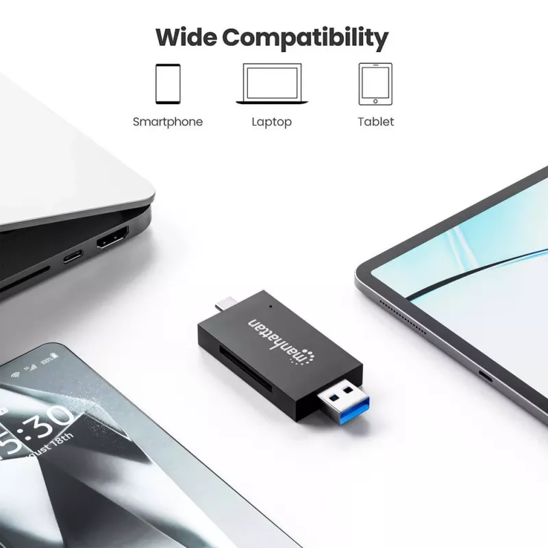 Manhattan USB-A / USB-C kombinuotas kelių kortelių skaitytuvas/rašytuvas, 5 Gbps (USB 3.2 Gen1), vyriškas USB-A ir USB-C, lizdai microSD ir SD/MMC, mini formatas, SuperSpeed USB, juodas/skaidrus, trejų metų garantija