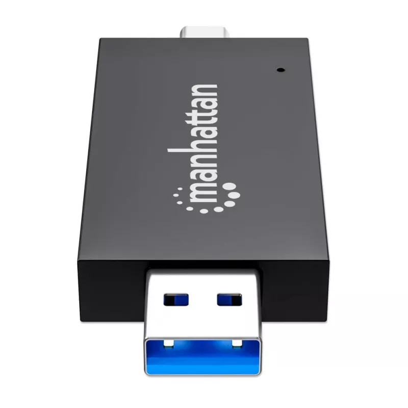 Manhattan USB-A / USB-C kombinuotas kelių kortelių skaitytuvas/rašytuvas, 5 Gbps (USB 3.2 Gen1), vyriškas USB-A ir USB-C, lizdai microSD ir SD/MMC, mini formatas, SuperSpeed USB, juodas/skaidrus, trejų metų garantija