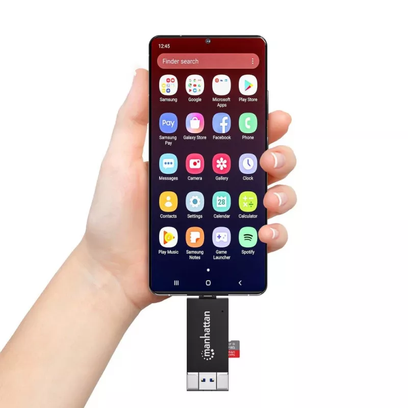 Manhattan USB-A / USB-C kombinuotas kelių kortelių skaitytuvas/rašytuvas, 5 Gbps (USB 3.2 Gen1), vyriškas USB-A ir USB-C, lizdai microSD ir SD/MMC, mini formatas, SuperSpeed USB, juodas/skaidrus, trejų metų garantija