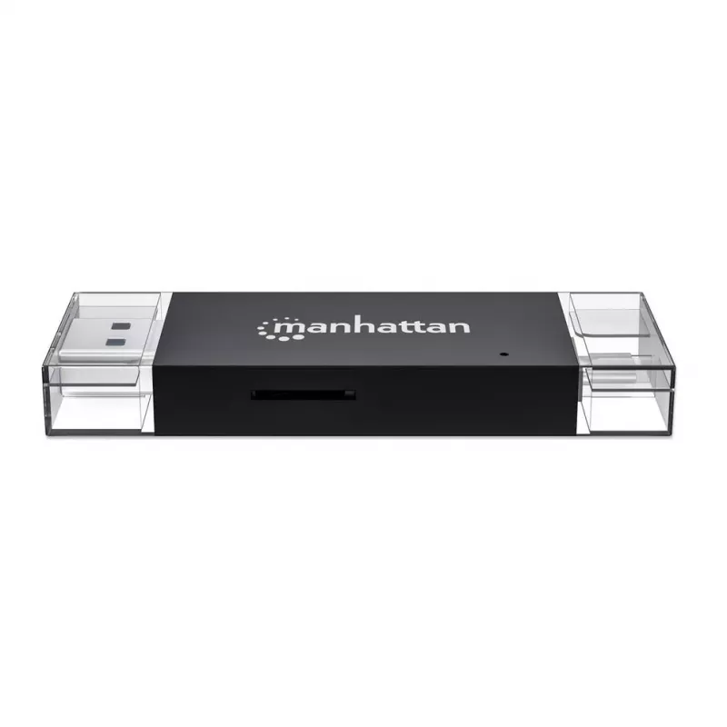 Manhattan USB-A / USB-C kombinuotas kelių kortelių skaitytuvas/rašytuvas, 5 Gbps (USB 3.2 Gen1), vyriškas USB-A ir USB-C, lizdai microSD ir SD/MMC, mini formatas, SuperSpeed USB, juodas/skaidrus, trejų metų garantija