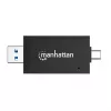 Manhattan USB-A / USB-C kombinuotas kelių kortelių skaitytuvas/rašytuvas, 5 Gbps (USB 3.2 Gen1), vyriškas USB-A ir USB-C, lizdai microSD ir SD/MMC, mini formatas, SuperSpeed USB, juodas/skaidrus, trejų metų garantija