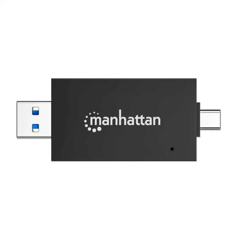 Manhattan USB-A / USB-C kombinuotas kelių kortelių skaitytuvas/rašytuvas, 5 Gbps (USB 3.2 Gen1), vyriškas USB-A ir USB-C, lizdai microSD ir SD/MMC, mini formatas, SuperSpeed USB, juodas/skaidrus, trejų metų garantija