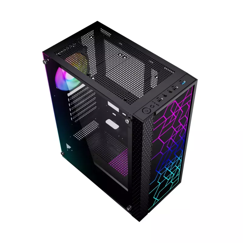 PC korpusas GEMBIRD Fornax 2500 Midi Tower juodas – ATX/ITX, grūdintas stiklas, RGB, 3x120mm priekyje, 2x2,5 colio vietos
