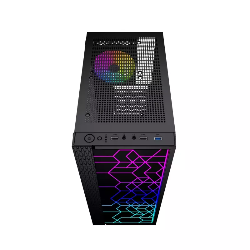 PC korpusas GEMBIRD Fornax 2500 Midi Tower juodas – ATX/ITX, grūdintas stiklas, RGB, 3x120mm priekyje, 2x2,5 colio vietos
