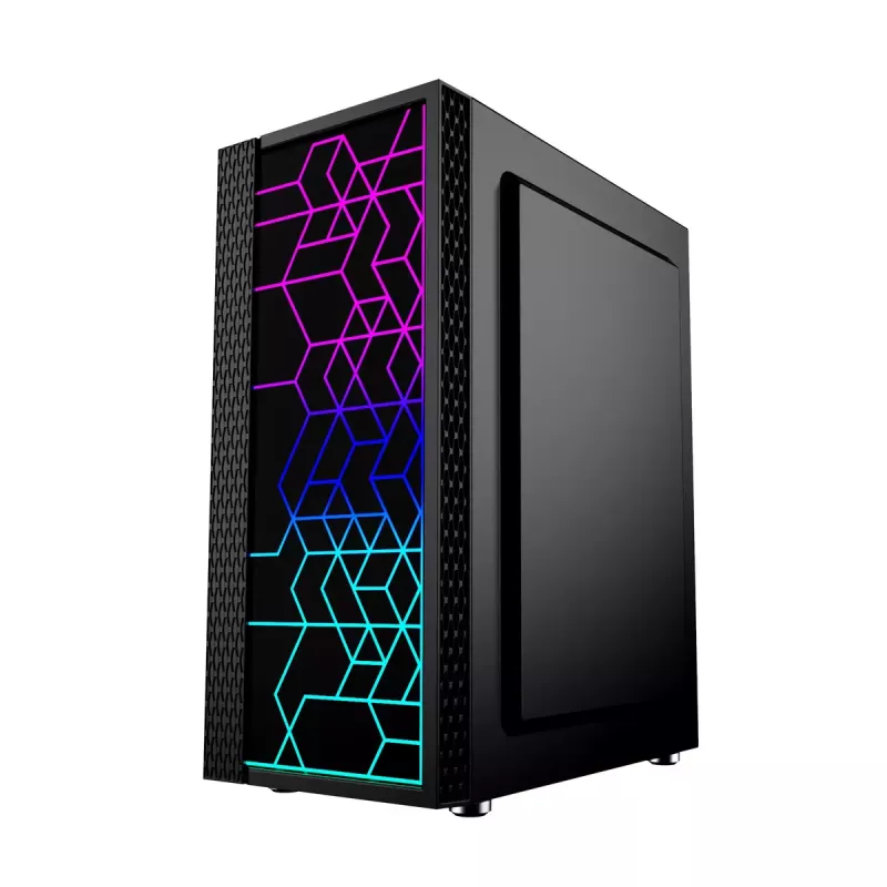 PC korpusas GEMBIRD Fornax 2500 Midi Tower juodas – ATX/ITX, grūdintas stiklas, RGB, 3x120mm priekyje, 2x2,5 colio vietos