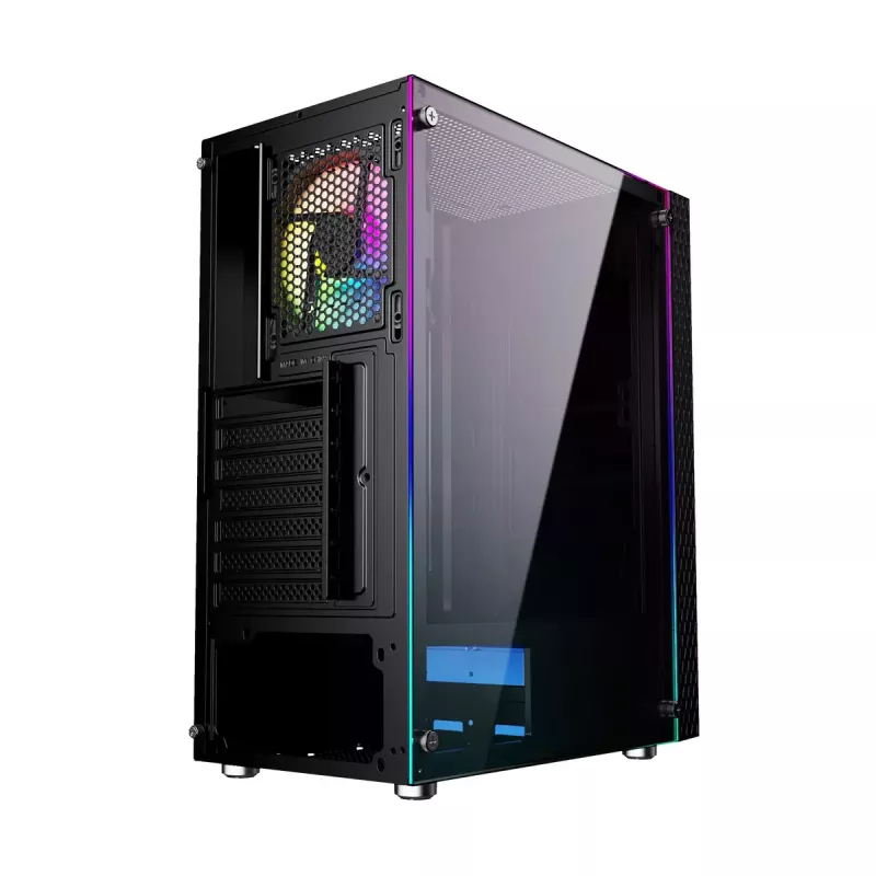 PC korpusas GEMBIRD Fornax 2500 Midi Tower juodas – ATX/ITX, grūdintas stiklas, RGB, 3x120mm priekyje, 2x2,5 colio vietos