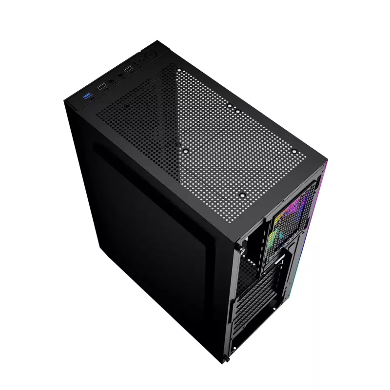 PC korpusas GEMBIRD Fornax 2500 Midi Tower juodas – ATX/ITX, grūdintas stiklas, RGB, 3x120mm priekyje, 2x2,5 colio vietos