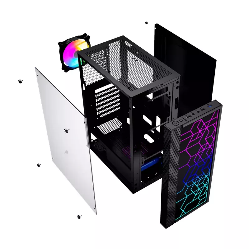 PC korpusas GEMBIRD Fornax 2500 Midi Tower juodas – ATX/ITX, grūdintas stiklas, RGB, 3x120mm priekyje, 2x2,5 colio vietos