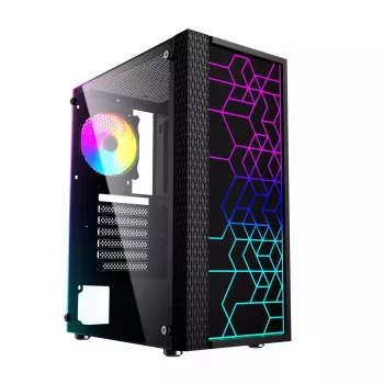 PC korpusas GEMBIRD Fornax 2500 Midi Tower juodas – ATX/ITX, grūdintas stiklas, RGB, 3x120mm priekyje, 2x2,5 colio vietos