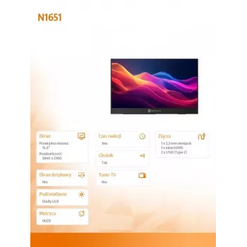 Nešiojamas monitorius Neovo N1651 15,6 colio OLED 4K USB-C mHDMI 400 nitų