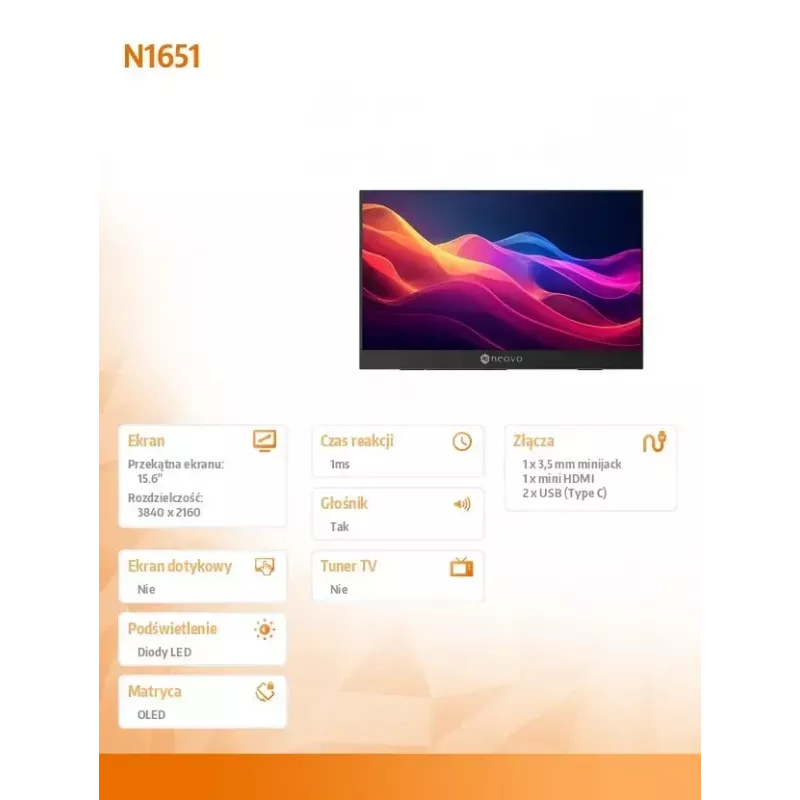 Nešiojamas monitorius Neovo N1651 15,6 colio OLED 4K USB-C mHDMI 400 nitų