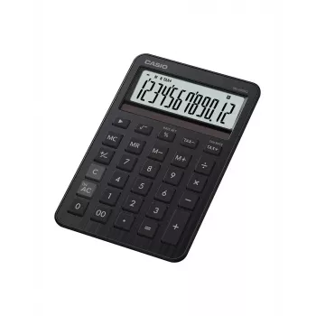 Stalinis skaičiuotuvas CASIO MS-200DQ – pagrindinis, 12 skaitmenų, baterija/saulė, mokesčių ir pelno funkcijos, juoda