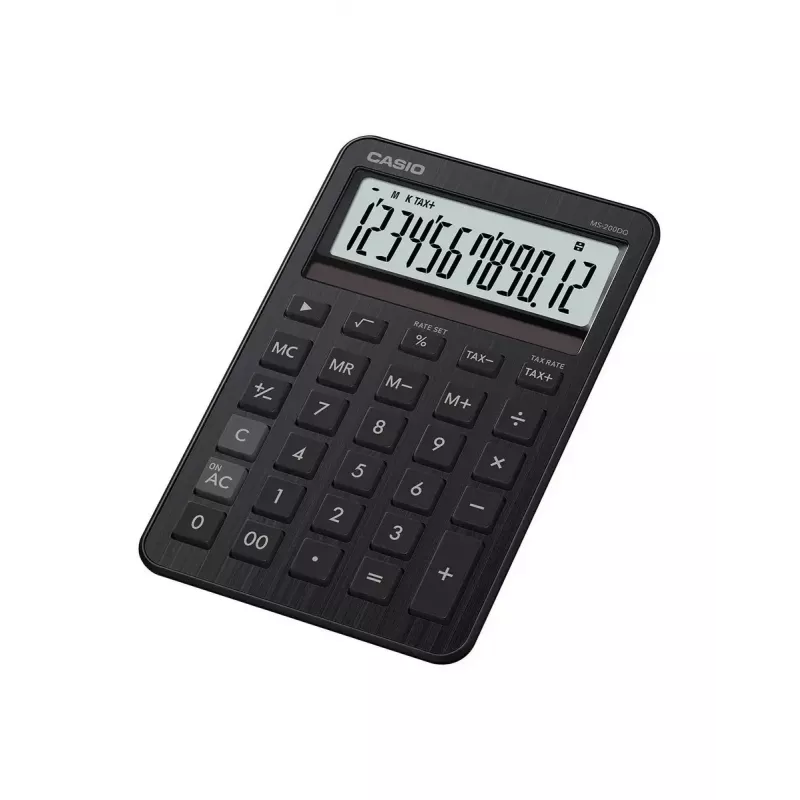 Stalinis skaičiuotuvas CASIO MS-200DQ – pagrindinis, 12 skaitmenų, baterija/saulė, mokesčių ir pelno funkcijos, juoda