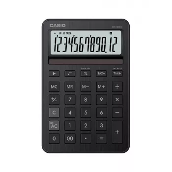 Stalinis skaičiuotuvas CASIO MS-200DQ – pagrindinis, 12 skaitmenų, baterija/saulė, mokesčių ir pelno funkcijos, juoda