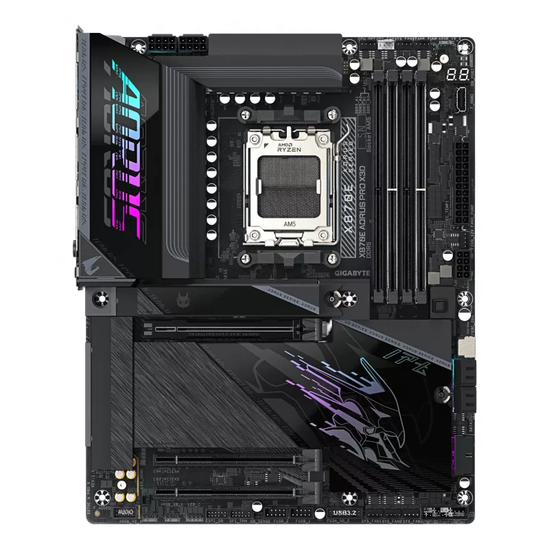 GIGABYTE X870E AORUS PRO X3D ATX pagrindinė plokštė – AMD Socket AM5, 18+2+2 VRM, DDR5 iki 9000 Hz (OC), 2×PCIe5 + 2×PCIe4, Wi‑Fi 7, 5GbE, USB4