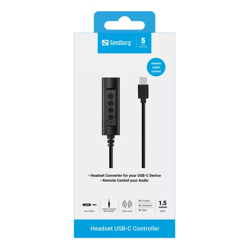 Sandberg USB-C valdiklis ausinėms, 1,5 m, juodas