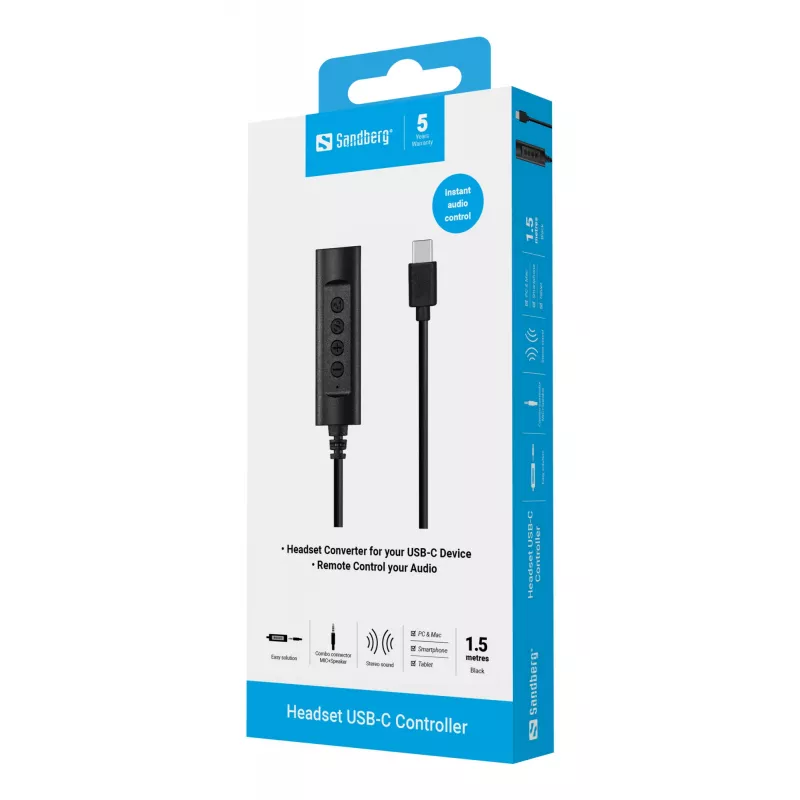 Sandberg USB-C valdiklis ausinėms, 1,5 m, juodas