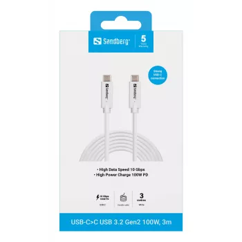 Sandberg USB-C į USB-C laidas USB 3.2 Gen2 100W, 3 m, baltas