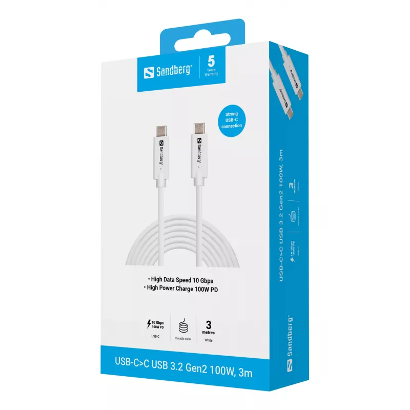 Sandberg USB-C į USB-C laidas USB 3.2 Gen2 100W, 3 m, baltas