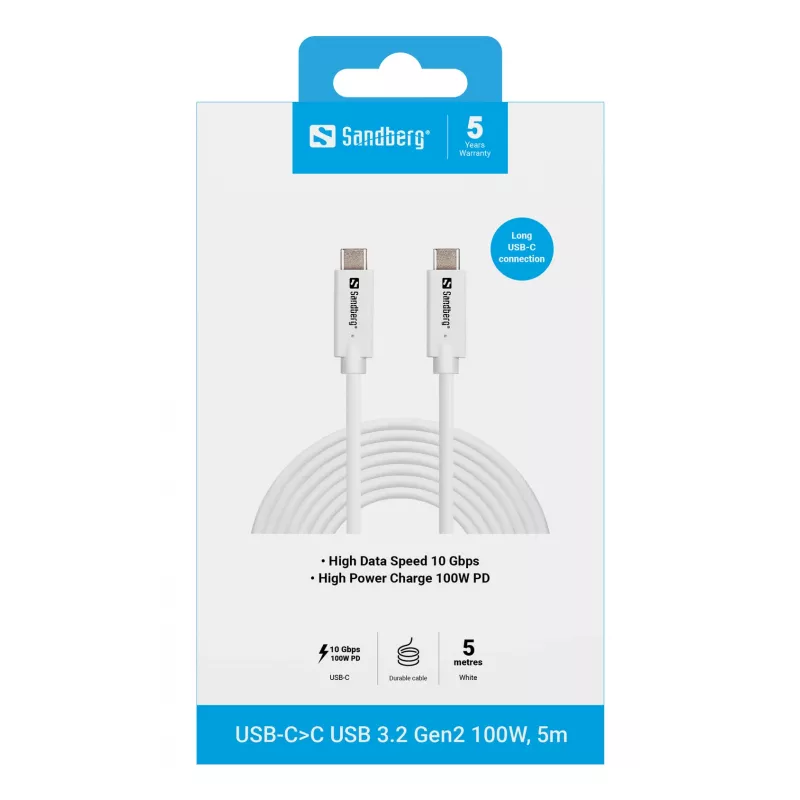 Sandberg USB-C į USB-C laidas USB 3.2 Gen2 100W, 5m, baltas
