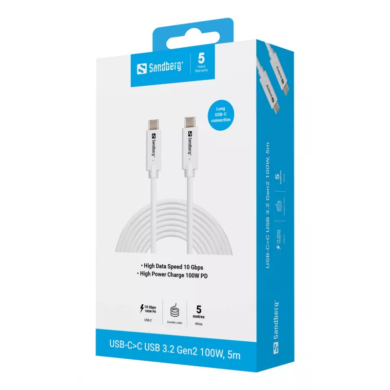 Sandberg USB-C į USB-C laidas USB 3.2 Gen2 100W, 5m, baltas