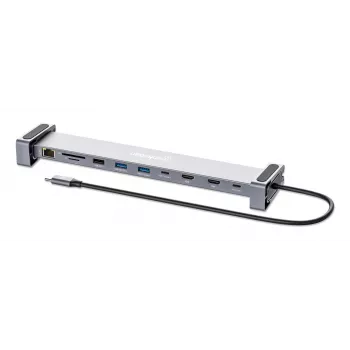 Manhattan USB-C stotelė / centras su kortelių skaitytuvu ir MST, prievadai (x7): Ethernet, HDMI (x2 4k@60Hz), USB-A (x3) ir USB-C, su Power Delivery (PD) 100W – reikalingas išorinis USB-C įkroviklis (neįtrauktas). Maitinama per USB (nereikia išorinio mait
