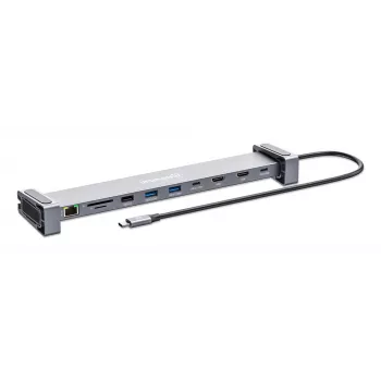 Manhattan USB-C stotelė / centras su kortelių skaitytuvu ir MST, prievadai (x7): Ethernet, HDMI (x2 4k@60Hz), USB-A (x3) ir USB-C, su Power Delivery (PD) 100W – reikalingas išorinis USB-C įkroviklis (neįtrauktas). Maitinama per USB (nereikia išorinio mait