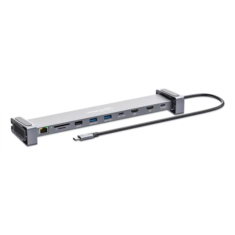 Manhattan USB-C stotelė / centras su kortelių skaitytuvu ir MST, prievadai (x7): Ethernet, HDMI (x2 4k@60Hz), USB-A (x3) ir USB-C, su Power Delivery (PD) 100W – reikalingas išorinis USB-C įkroviklis (neįtrauktas). Maitinama per USB (nereikia išorinio mait