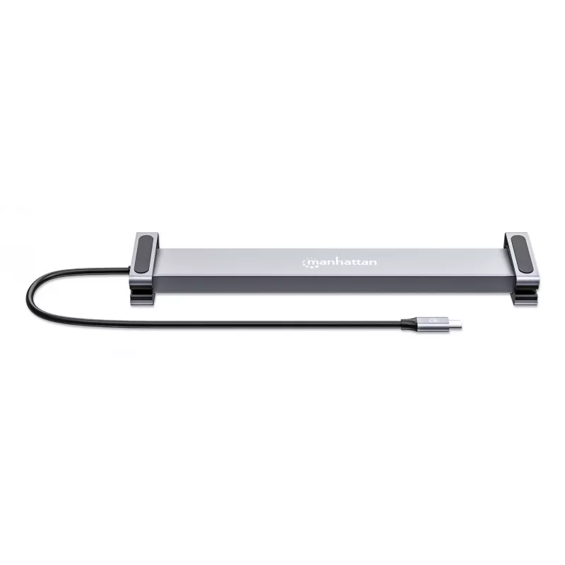 Manhattan USB-C stotelė / centras su kortelių skaitytuvu ir MST, prievadai (x7): Ethernet, HDMI (x2 4k@60Hz), USB-A (x3) ir USB-C, su Power Delivery (PD) 100W – reikalingas išorinis USB-C įkroviklis (neįtrauktas). Maitinama per USB (nereikia išorinio mait