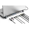Manhattan USB-C stotelė / centras su kortelių skaitytuvu ir MST, prievadai (x7): Ethernet, HDMI (x2 4k@60Hz), USB-A (x3) ir USB-C, su Power Delivery (PD) 100W – reikalingas išorinis USB-C įkroviklis (neįtrauktas). Maitinama per USB (nereikia išorinio mait