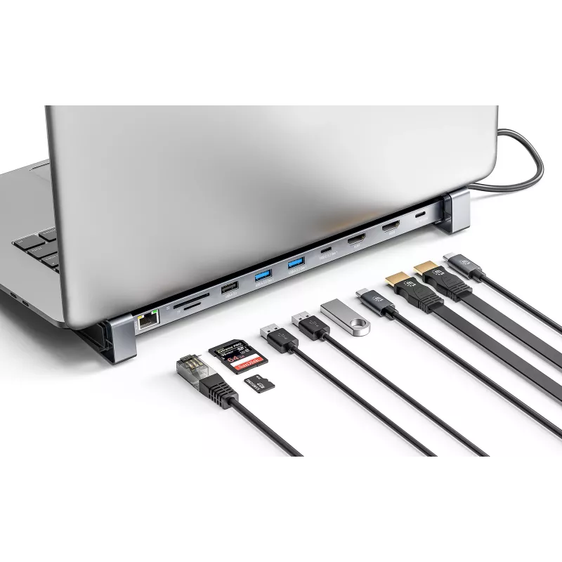 Manhattan USB-C stotelė / centras su kortelių skaitytuvu ir MST, prievadai (x7): Ethernet, HDMI (x2 4k@60Hz), USB-A (x3) ir USB-C, su Power Delivery (PD) 100W – reikalingas išorinis USB-C įkroviklis (neįtrauktas). Maitinama per USB (nereikia išorinio mait
